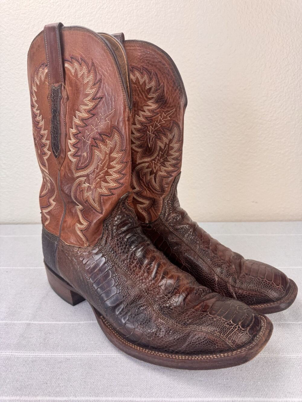 Lucchese Cowboy Ostrich Leg Leather Exotic Western Boots Square Toe Brown 12 D